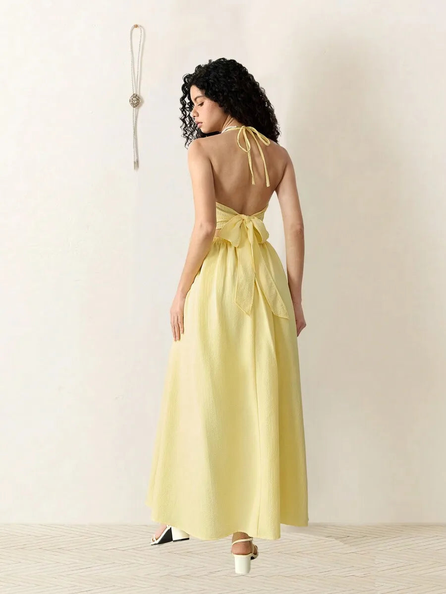 Yellow Halter Neck Backless Dress with Bowknot Waist Tie, A-Line Midi