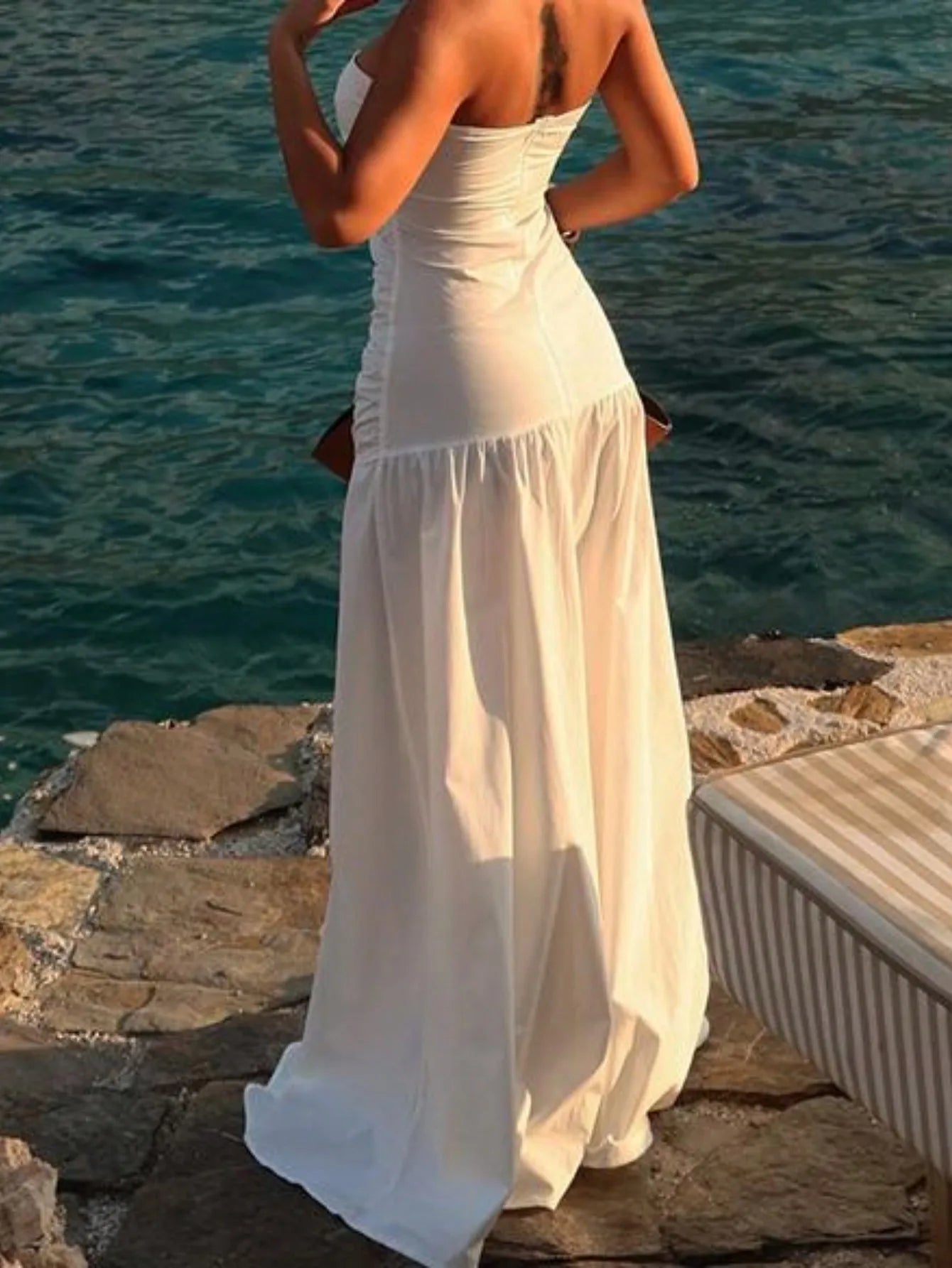 White Strapless Cut-Out A-Line Maxi Dress for Beach Vacation