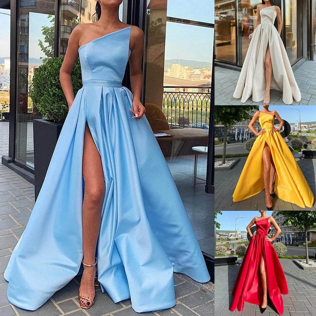 Ladies Satin A Line Prom Dresses Slim Fit One Shoulder Ruched Bridesmaid Evening Dress High Waist Split Evening Party Dresses