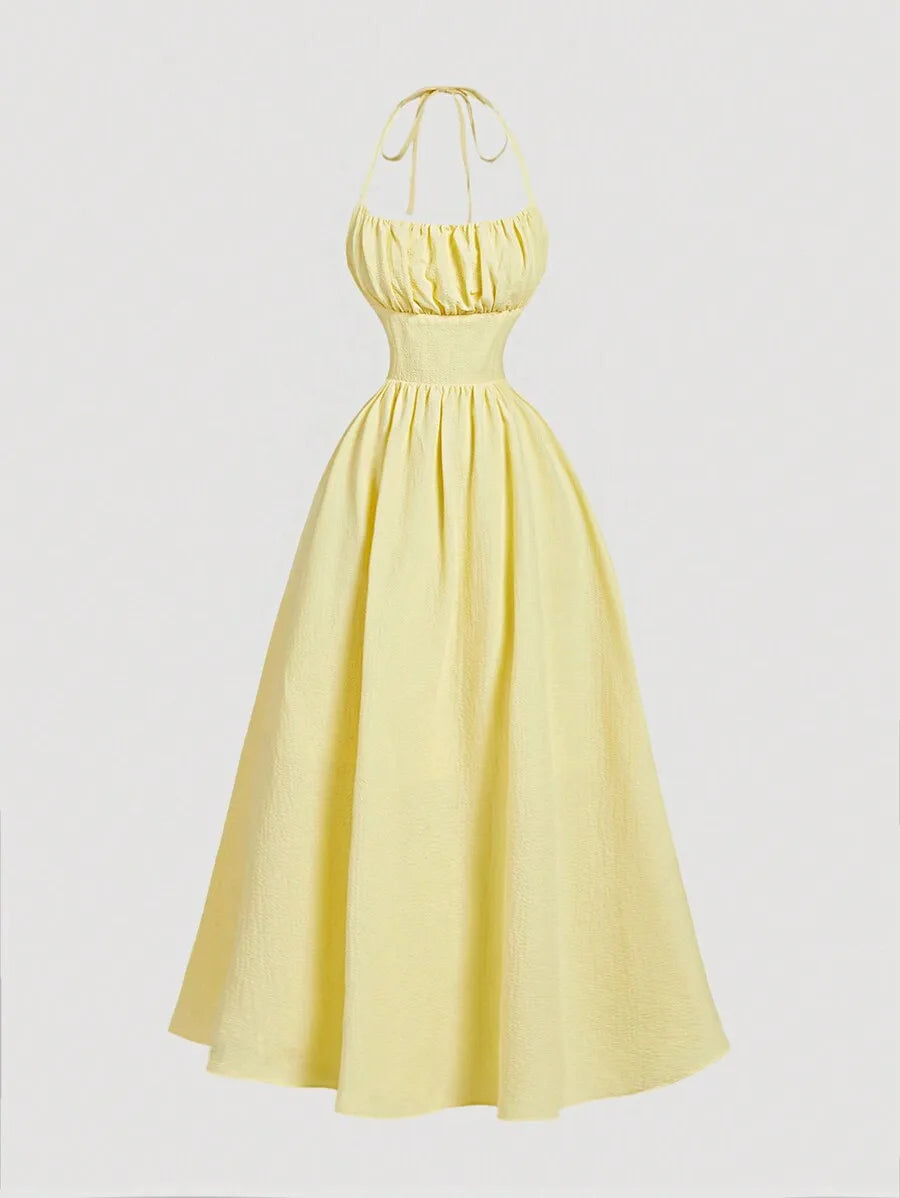 Yellow Halter Neck Backless Dress with Bowknot Waist Tie, A-Line Midi