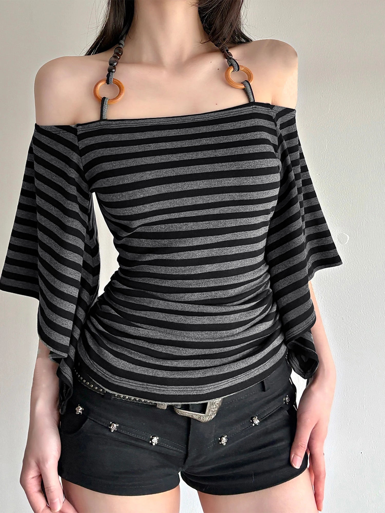 Elegant Striped Off Shoulder Blouse with Halter Neck and 3 4 Batwing Sleeves Perfect for Stylish Fall Outfits