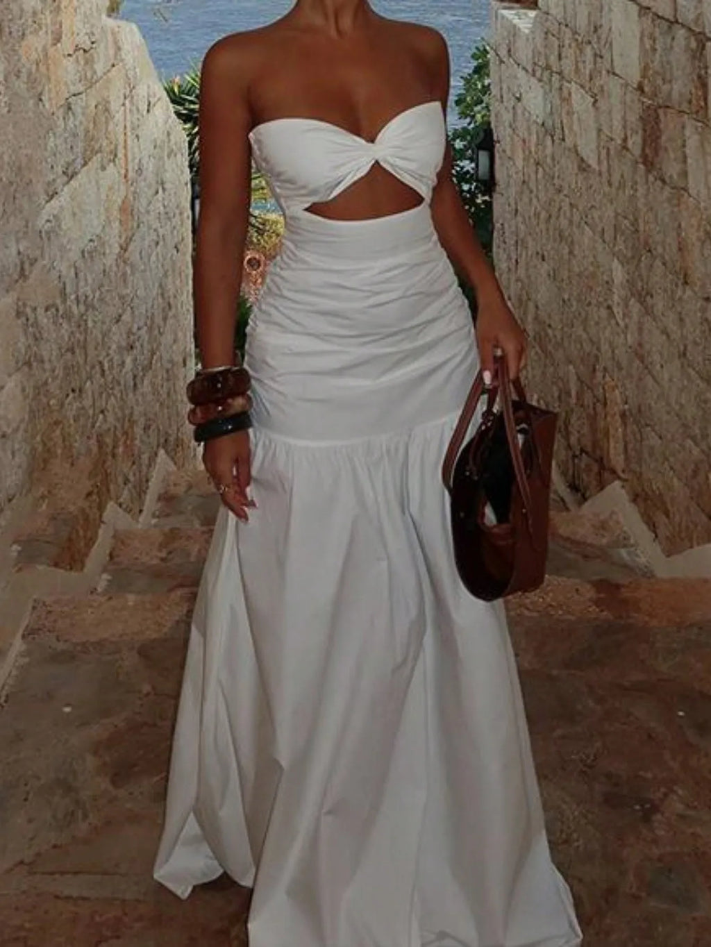 White Strapless Cut-Out A-Line Maxi Dress for Beach Vacation