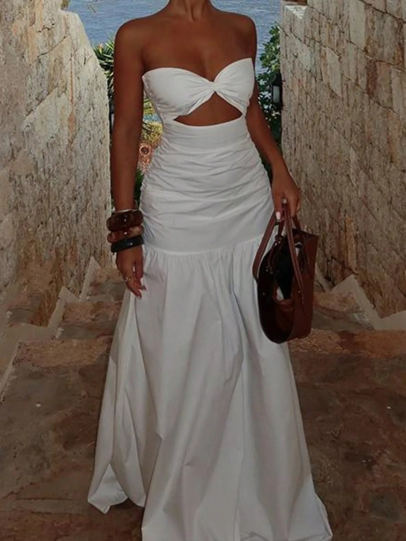 White Strapless Cut-Out A-Line Maxi Dress for Beach Vacation
